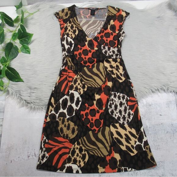 BCBG PARIS Faux-Wrap Surplice Sheath Dress Sleeveless Mixed Animal Print Size PM - Picture 4 of 11